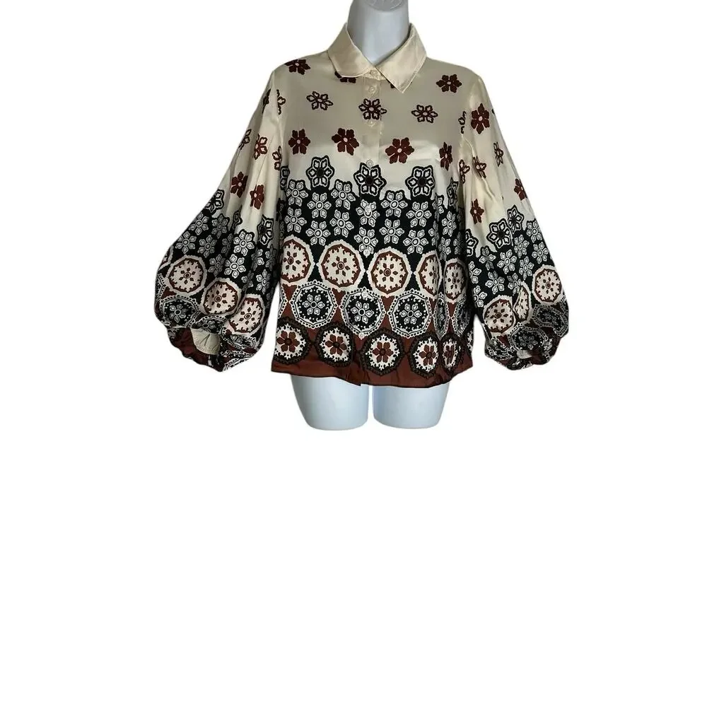 Tanya Taylor Marina Baloon Sleeve Silky Blouse Boho Luxe Resort Button Front XS
